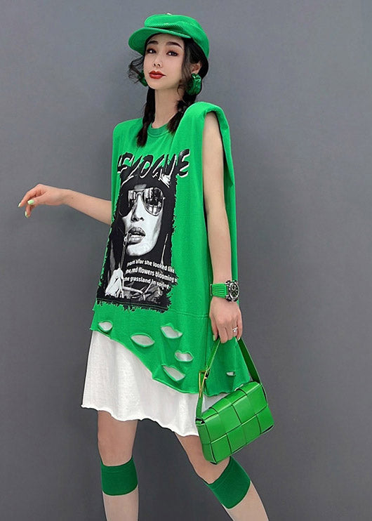 Plus Size Green O-Neck Print Patchwork Dress Sleeveless