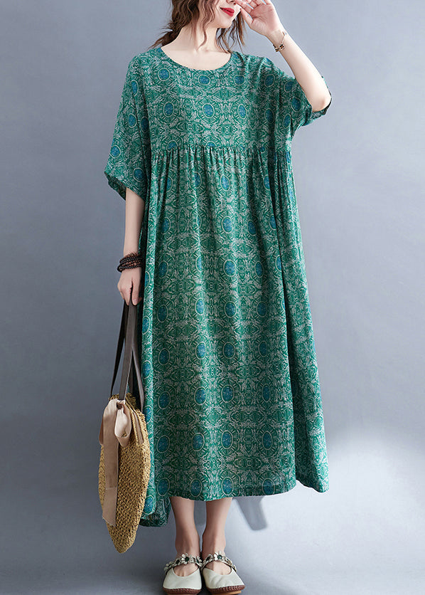 Plus Size Green O-Neck Print Patchwork Vacation Maxi Dresses Summer