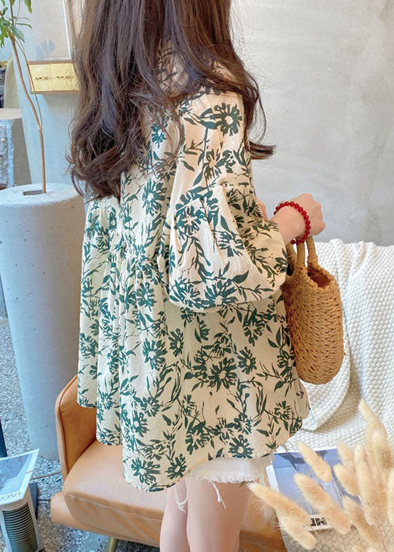 Plus Size Green O Neck Print Wrinkled Cotton Blouse Tops Summer