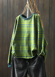 Plus Size Green O Neck Striped Patchwork Cotton T Shirt Top Fall