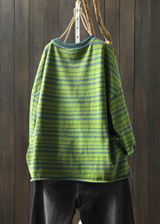 Plus Size Green O Neck Striped Patchwork Cotton T Shirt Top Fall