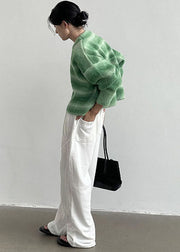 Plus Size Green O-Neck Striped Warm Knit Sweater Tops Winter