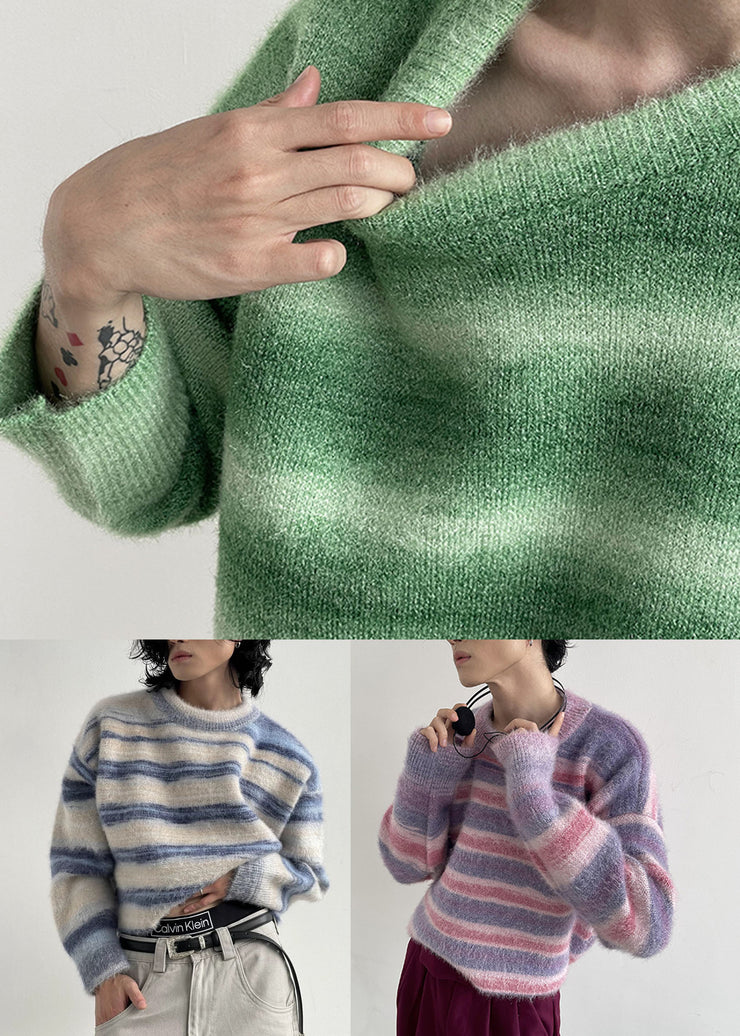 Plus Size Green O-Neck Striped Warm Knit Sweater Tops Winter