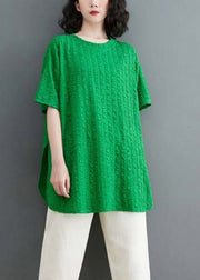 Plus Size Green O-Neck Wrinkled Cotton Top Short Sleeve