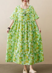 Plus Size Green O-Neck Knitted Patchwork Cotton Long Dress Short Sleeve
