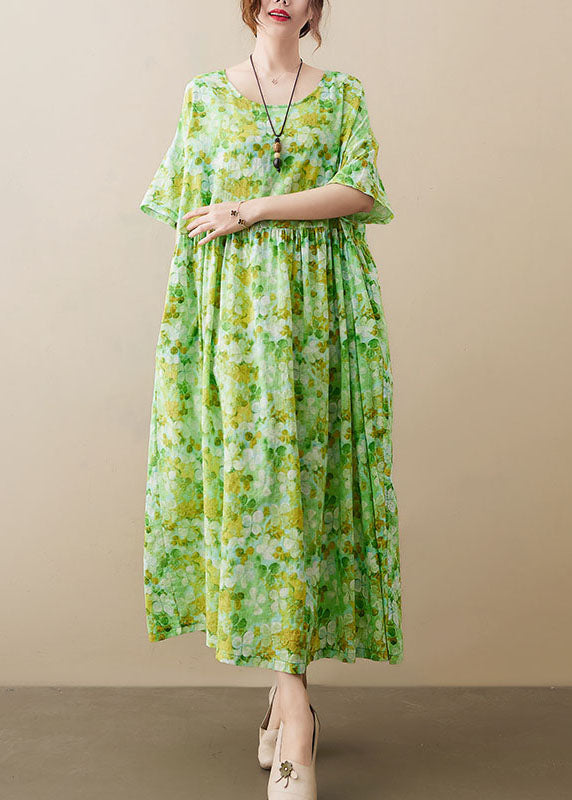 Plus Size Green O-Neck Wrinkled Patchwork Cotton Long Dress Short Sleeve