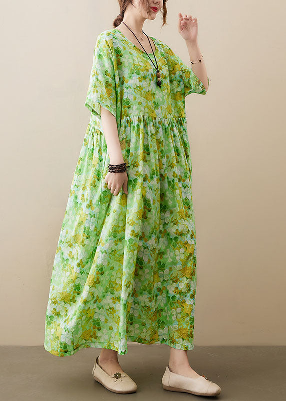 Plus Size Green O-Neck Knitted Patchwork Cotton Long Dress Short Sleeve