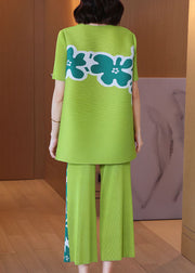 Plus Size Green O-Neck Knitted Print Tops und Crop Pants Zweiteiliges Set mit kurzen Ärmeln