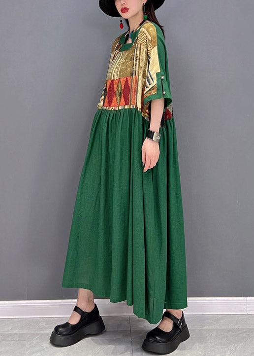 Plus Size Green O-Neck zerknittertes Patchwork-langes Kleid mit halben Ärmeln