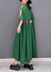Plus Size Green O-Neck zerknittertes Patchwork-langes Kleid mit halben Ärmeln