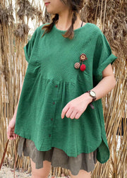 Plus Size Green Patchwork Striped Linen Top Short Sleeve