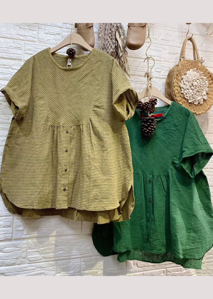 Plus Size Green Patchwork Striped Linen Top Short Sleeve