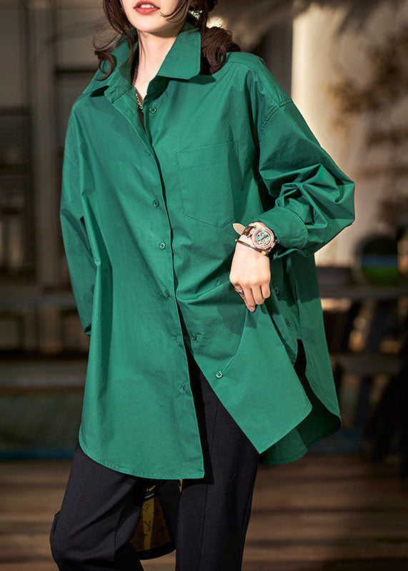 Plus Size Green Peter Pan Collar Button Patchwork Cotton Shirts Long Sleeve