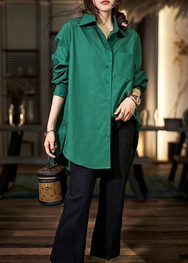 Plus Size Green Peter Pan Collar Button Patchwork Cotton Shirts Long Sleeve