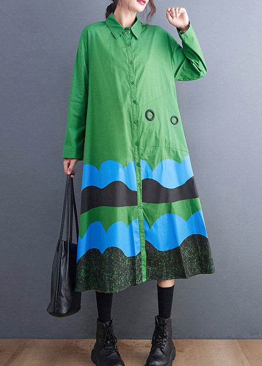 Plus Size Green Peter Pan Collar Button Print Shirt Dress Spring
