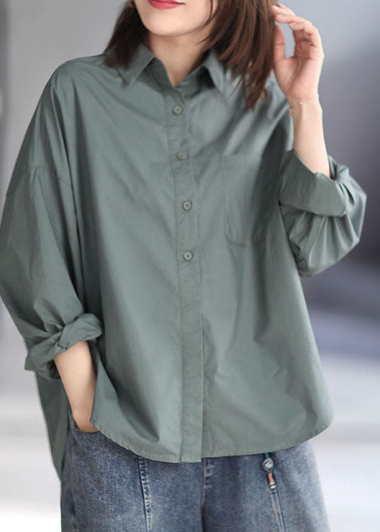 Plus Size Green Peter Pan Collar Patchwork Cotton Shirt Top Spring