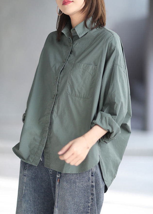 Plus Size Green Peter Pan Collar Patchwork Cotton Shirt Top Spring