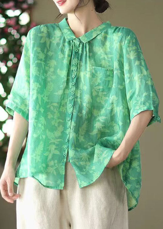 Plus Size Green Peter Pan Collar Patchwork Linen Blouses Summer