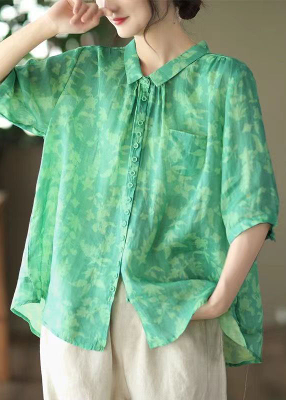 Plus Size Green Peter Pan Collar Patchwork Linen Blouses Summer