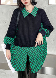 Plus Size Green Peter Pan Collar Plaid Patchwork Knit Pullover Spring