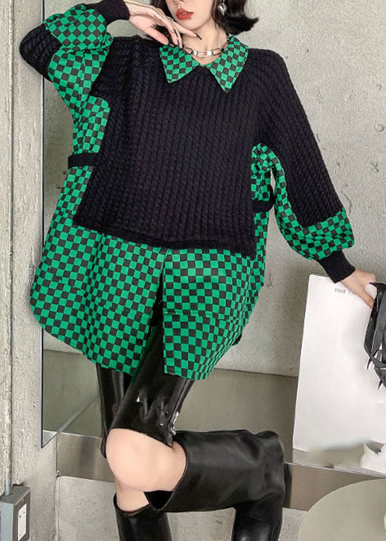 Plus Size Green Peter Pan Collar Plaid Patchwork Knit Pullover Spring