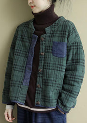 Plus Size Green Plaid Button Patchwork Winter Jackets Long sleeve