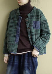 Plus Size Green Plaid Button Patchwork Winter Jackets Long sleeve