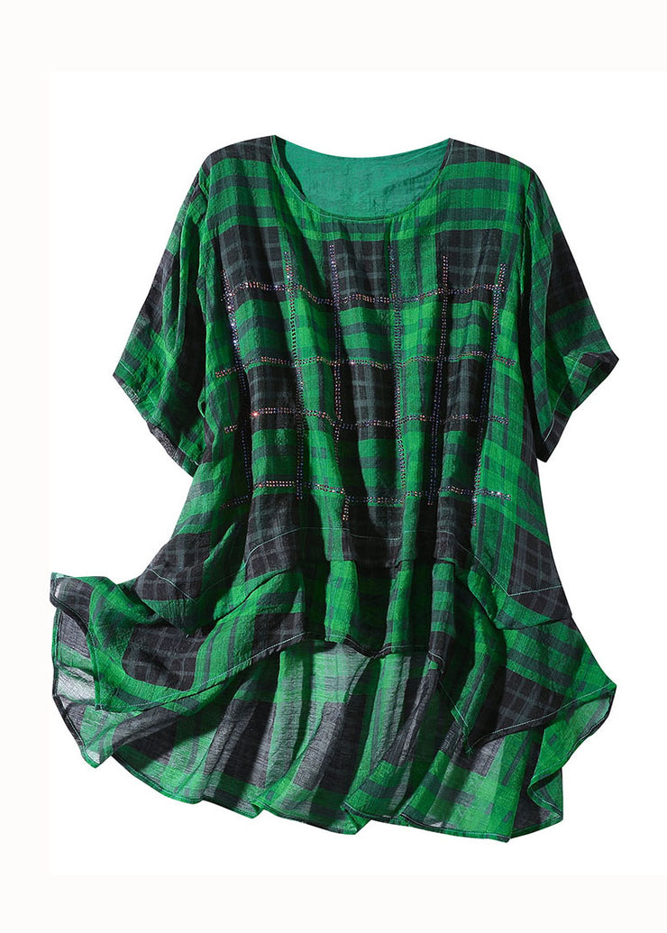 Plus Size Green Plaid Zircon Patchwork Linen T Shirts Summer