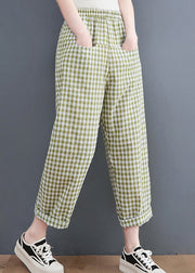 Plus Size Green Plaid elastic waist Plaid Linen Pants Spring