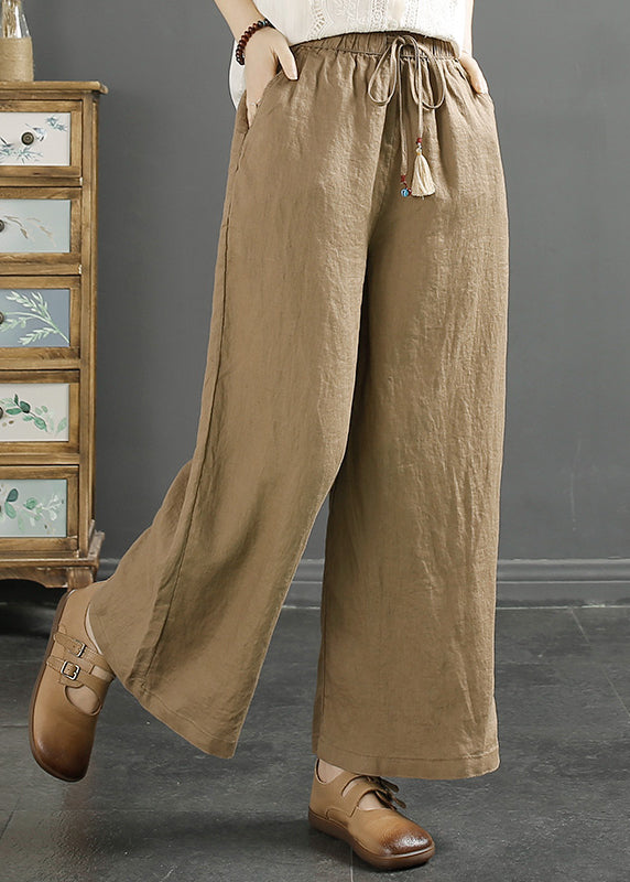 Plus Size Green Pockets Cinched Linen Wide Leg Crop Pants Fall