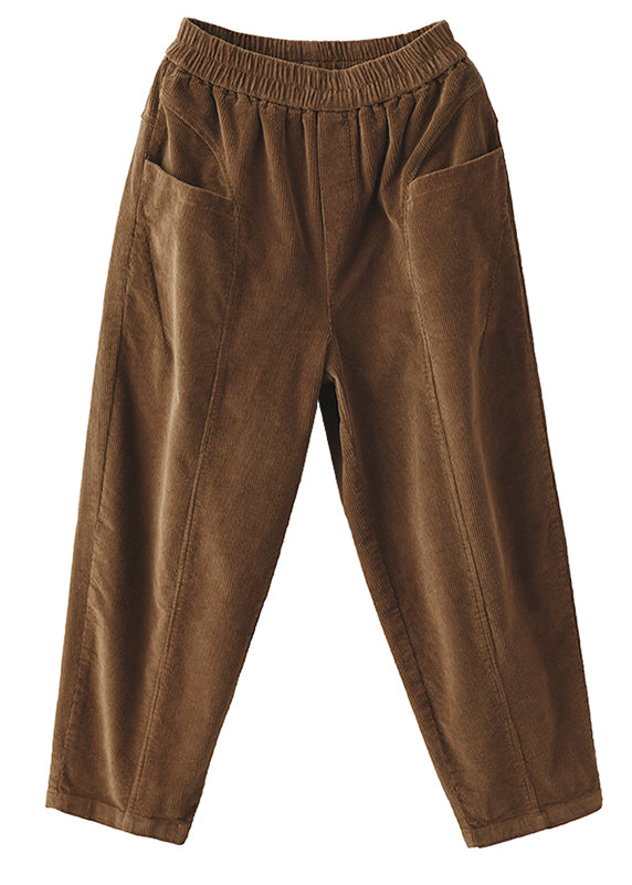 Plus Size Green Pockets Patchwork Corduroy Pants Fall