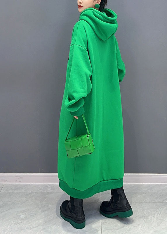 Plus Size Green Print Cotton Hooded Maxi Dress Fall