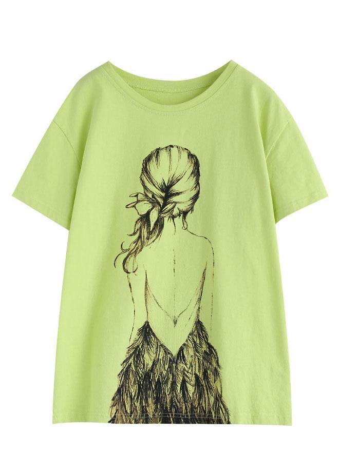 Plus Size Green Print O-Neck Cotton T Shirt Summer - SooLinen
