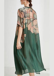 Plus Size Green Print O-Neck Holiday Summer Chiffon Dress - SooLinen
