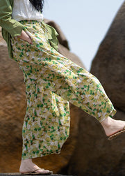 Plus Size Green Print Tie Waist Linen Wide Leg Pants Summer