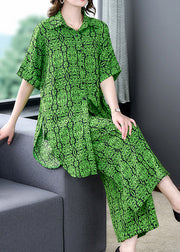 Plus Size Green Print Tops And Pants Chiffon Two Pieces Set Summer