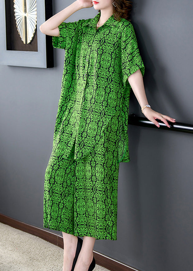 Plus Size Green Print Tops And Pants Chiffon Two Pieces Set Summer