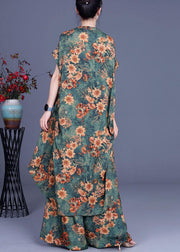 Plus Size Green Print asymmetrical design Silk Wide Leg Two Piece Set Outfits - SooLinen