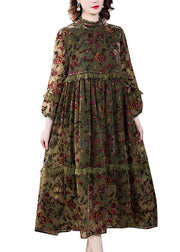 Plus Size Green Ruffled Patchwork Jacquard Fall Holiday Dress Long sleeve