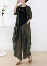 Plus Size Green Silk Blended Tie Dye asymmetrical Wide Leg Design Two Piece Set - SooLinen