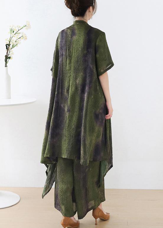 Plus Size Green Silk Blended Tie Dye asymmetrical Wide Leg Design Two Piece Set - SooLinen