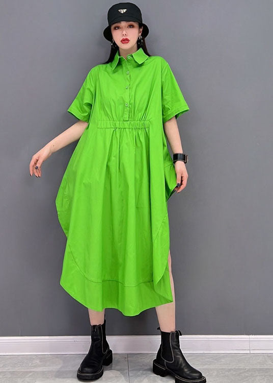 Plus Size Green Solid Asymmetric Design Cotton Long Bluse Tops Short Sleeve