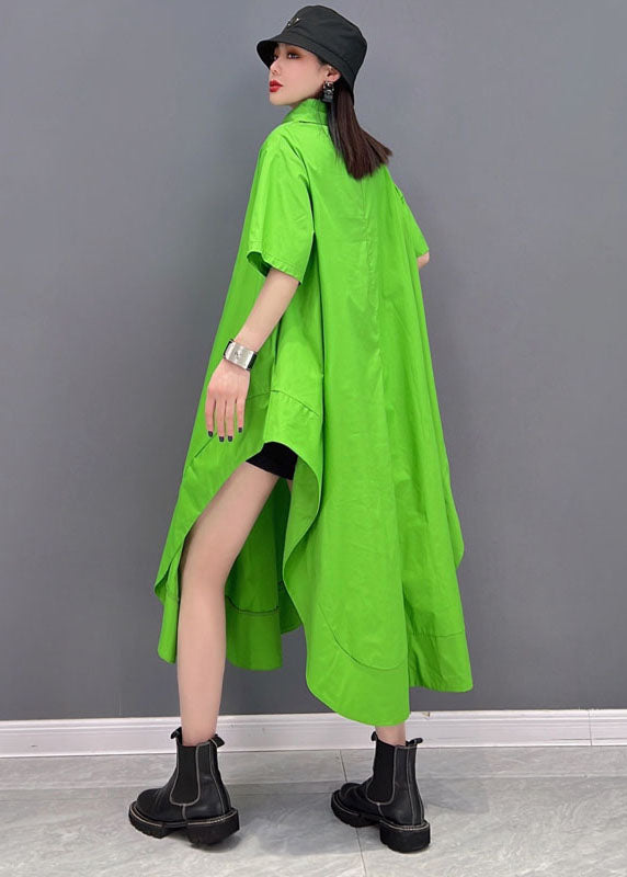 Plus Size Green Solid Asymmetrical Design Cotton Long Blouse Tops Short Sleeve
