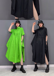 Plus Size Green Solid Asymmetric Design Cotton Long Bluse Tops Short Sleeve