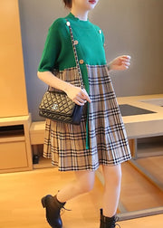 Plus Size Green Stand Collar Patchwork Plaid Knit Mid Dresses Summer