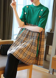 Plus Size Green Stand Collar Patchwork Plaid Knit Mid Dresses Summer
