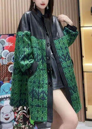 Plus Size Green Stand Collar Pockets Patchwork Sheepskin Woolen Coat Outwear Spring