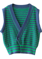 Plus Size Green Striped Button Fall Knit Sleeveless Waistcoat