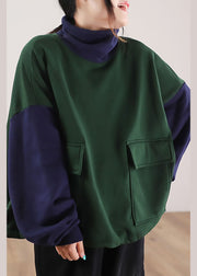 Plus Size Green Turtle Neck Patchwork Cotton Sweatshirts Tracksuits Winter