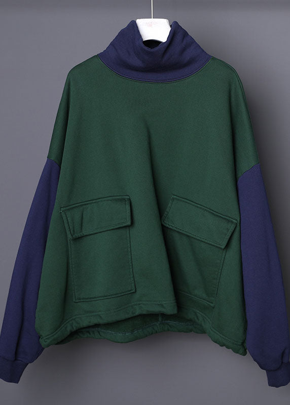 Plus Size Green Turtle Neck Patchwork Cotton Sweatshirts Tracksuits Winter